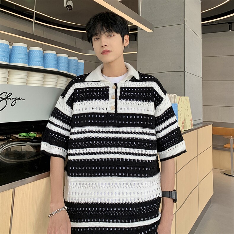 2024夏季新款彩色翻领针织衫polo衫男镂空条纹上衣现货T1714-P35，男装Polo衫，星座512-4