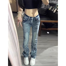 辣妹高街嘻哈毛须微弹牛仔裤女春秋季显瘦时尚设计感直筒牛仔裤潮，男装牛仔裤，星座506A