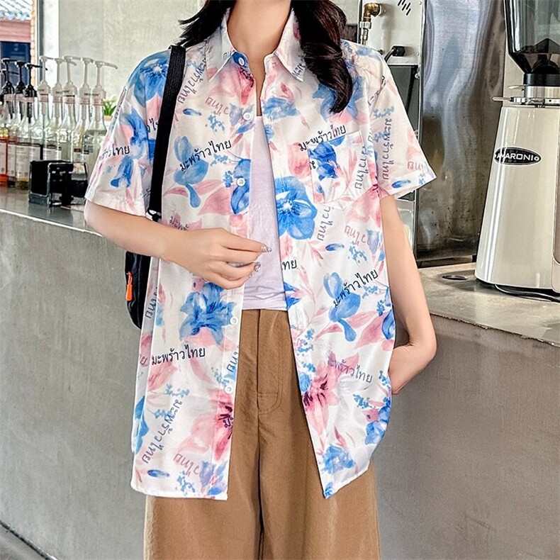 海边旅游度假风短袖花衬衫女夏威夷ins沙滩衬衣复古港风CS128/P30,女装衬衫,星座506