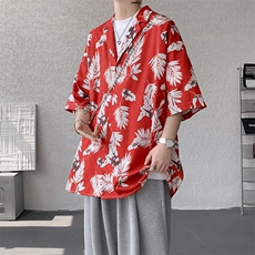 8XL-M冰丝凉感衬衣垂感透气复古花纹宽松男五分袖短袖衬衫CS526，男装T恤，电商D206-1