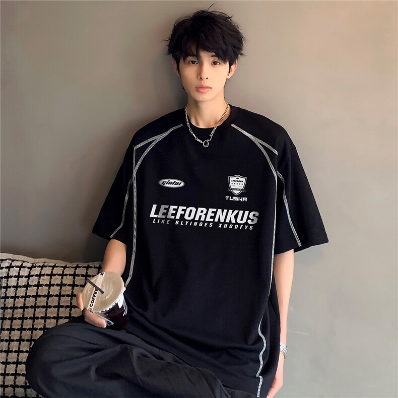 休闲高级时尚潮牌复古创意个性男女同款明线宽松短袖T恤T29-P38,男装T恤,电商C307