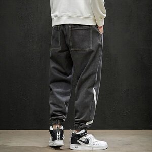 2021春季新日系黑墙大码男美式束脚交叉印花九分牛仔裤N8101-P55图片