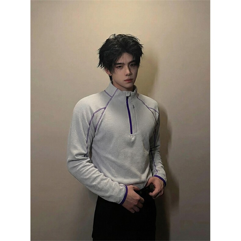 春季撞色半拉链肌理感长袖T恤哈苏线套头卫衣男C64163-TP4588,男装T恤,电商A102