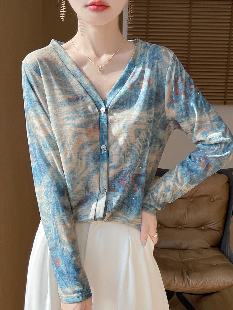 v领新款针织女长袖花色简约百搭宽松开衫上衣,针织衫/毛衣,绒宛羊绒