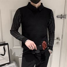 轻熟风条纹假两件毛衣衬衫商务休闲针织衫上衣男修身长袖T恤S237，男装T恤，星座1116A-2（原606A-1）