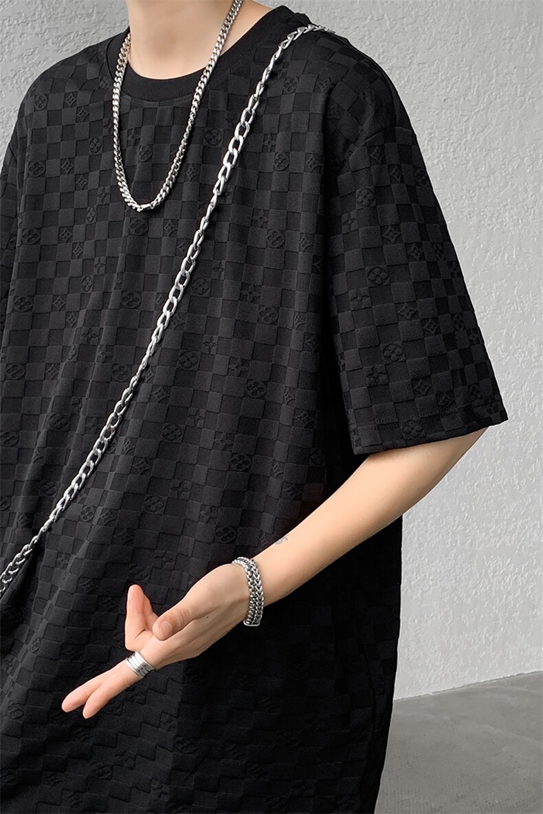 8XL-M特大码短袖男夏季港风棋盘格子T恤冰丝半截五分袖DX323P35,男装T恤,电商D206-1