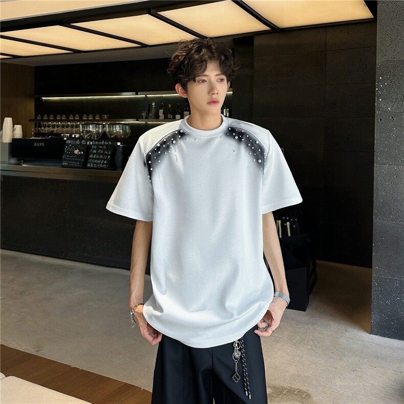 2025新款喷绘珍珠个性圆领t恤短袖cleanfit五分袖现货T1873-P31，男装T恤，星座512-3