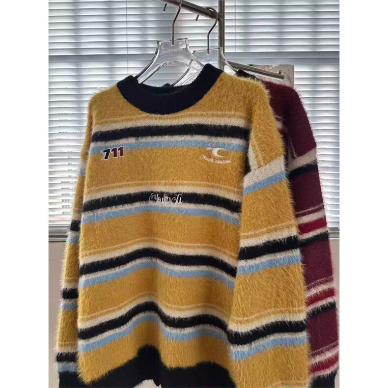 MY9565-P59秋冬新款刺绣条纹水貂毛圆领毛衣男女松弛感慵懒风,男装针织衫/毛衣,电商B323A