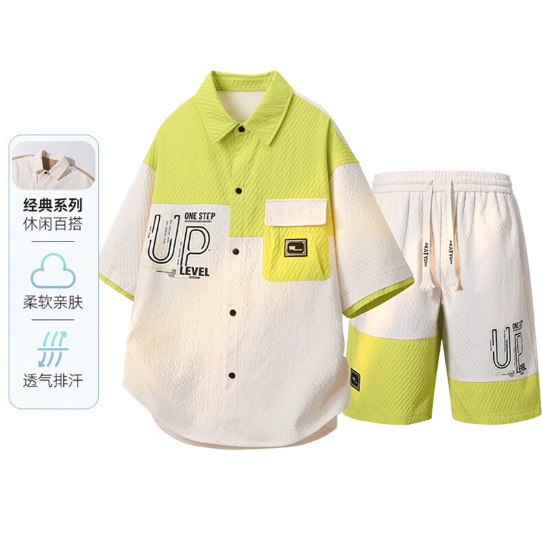 得物立体新款短袖衬衫套装潮流帅气夏季衬衣套装A436-T12-P65,男装休闲套装,电商A436