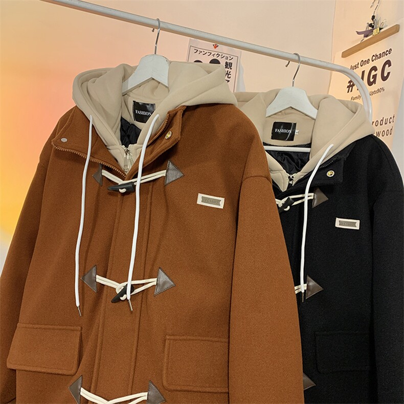EQ160牛角扣加厚加棉冬季棉衣外套男假两件呢大衣潮牌P148,男装棉衣,电商C306-1
