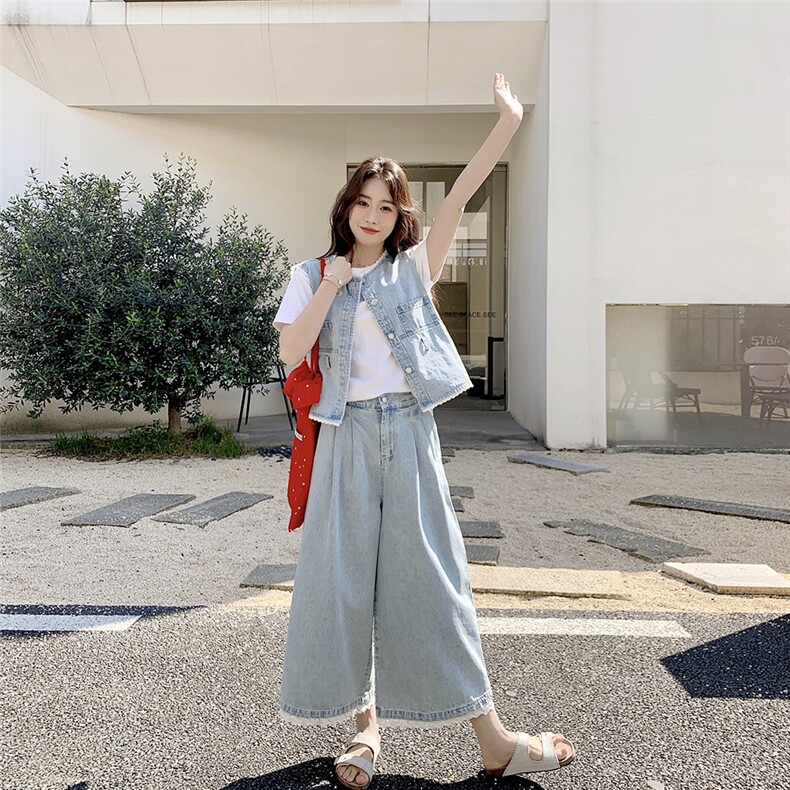 蕾丝花边拼接牛仔马甲套装女2025夏季港风复古小个子阔腿裤两件套,女装套装/套裙,2C159