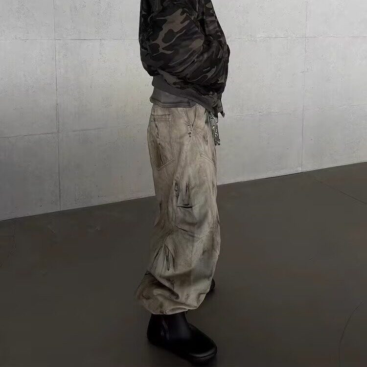 美式复古黄泥染重工脏洗阔腿牛仔裤男女无性别水洗做旧宽松弯刀裤,男装牛仔裤,星座1210-1