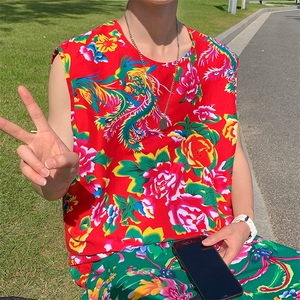 夏大码东北大花布男背心坎肩运动马甲男装风民族牡丹花MJ01图片
