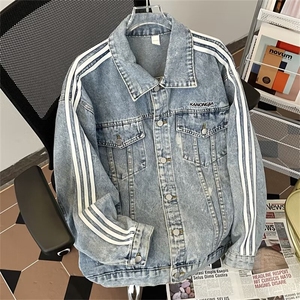 拼接条纹牛仔夹克宽松男士衣服春秋季美式设计感工装外套 J69图片