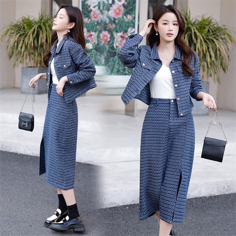 2023春装新品格子牛仔两件套韩版气质,女装套装/套裙,钱塘布衣