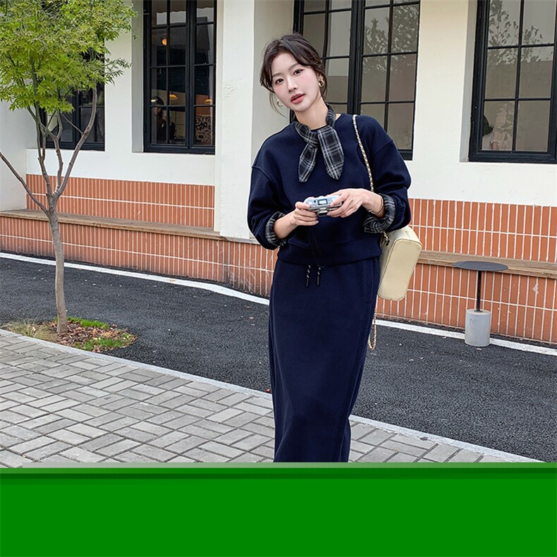 藏青色复古休闲卫衣裙女夏2025新款韩版短袖T恤及踝半身裙两件套,女装套装/套裙,姿衣轩