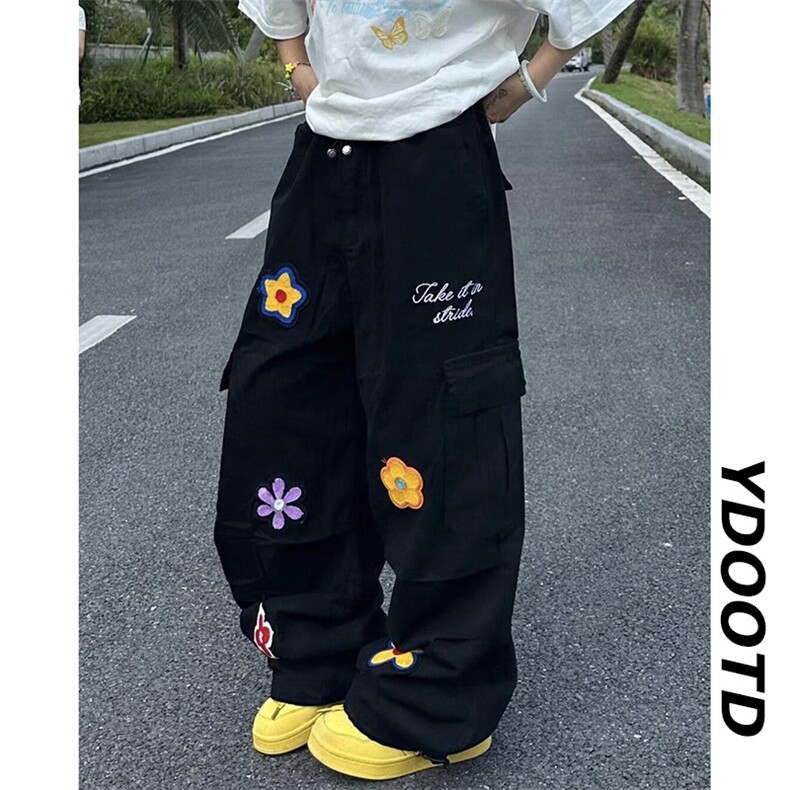 Y9279-P69 2025美式复古小花朵刺绣做旧水洗工装裤男女多口袋阔腿图片
