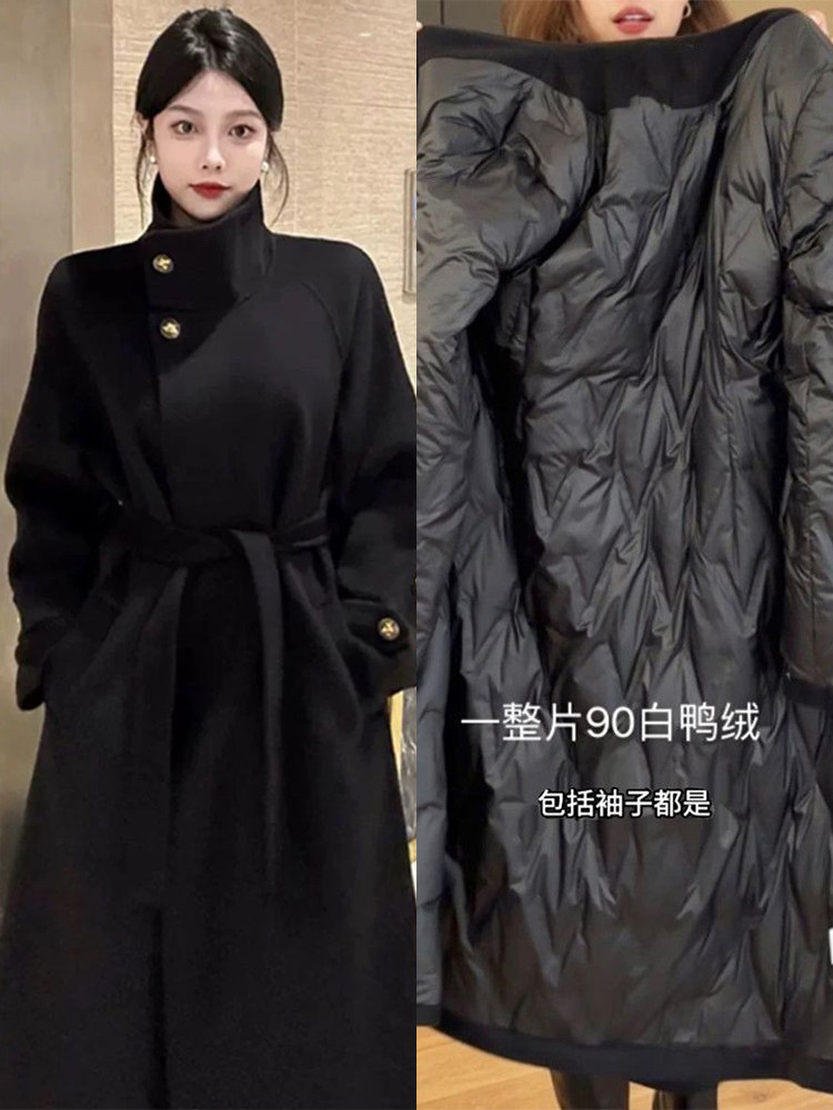 黑色羽绒内胆毛呢外套女长款2025冬季新款时尚加厚赫本风呢子大衣,女装羽绒服,纪茹