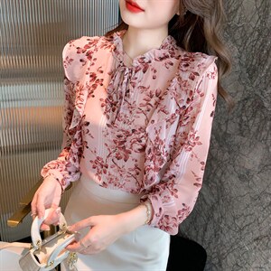 春季新款荷叶边衬衫超仙碎花雪纺衫上衣洋气印花小衫，女装蕾丝衫/雪纺衫，美吧服饰