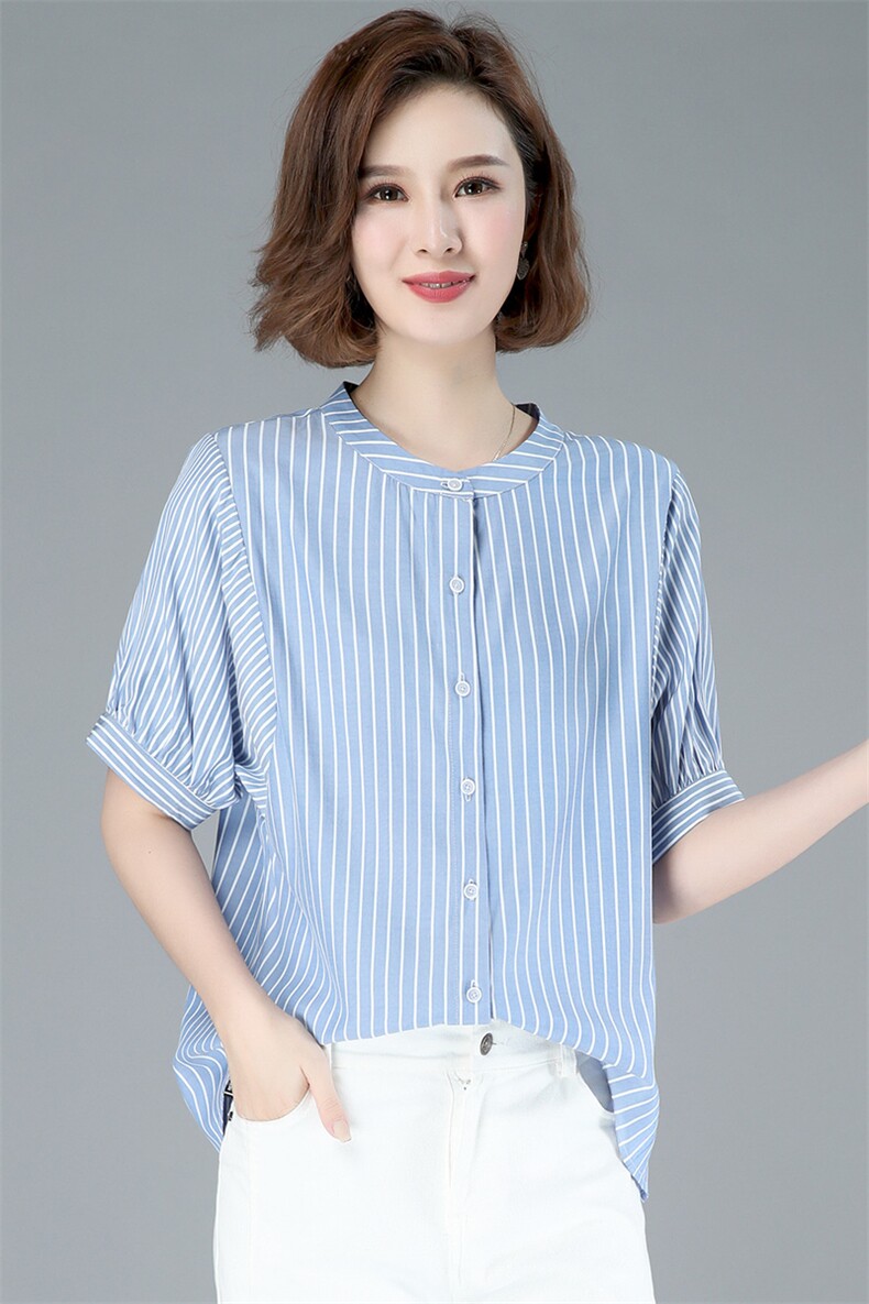 2024新款春夏七分袖条纹衬衫棉绸文艺复古大码圆领宽松中袖上衣,女装T恤,玛其路