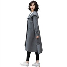 风衣女装中长款2021春装新款韩版连帽纯色外套，女装风衣，艾尚靓装