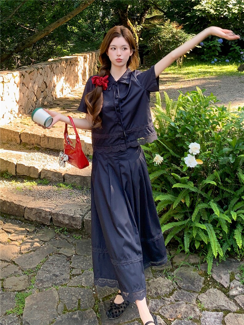 蕾丝拼接娃娃领系带上衣松紧腰半裙学院风套装女,女装套装/套裙,水衣源