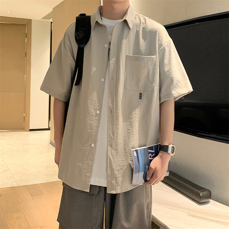24年港风夏款工装纯色宽松短袖衬衫男CS113 P38图片