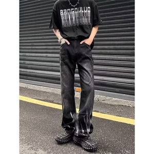 美式裤子高街扎染黑色渐变牛仔裤男款宽松显瘦直筒设计感小众长裤图片