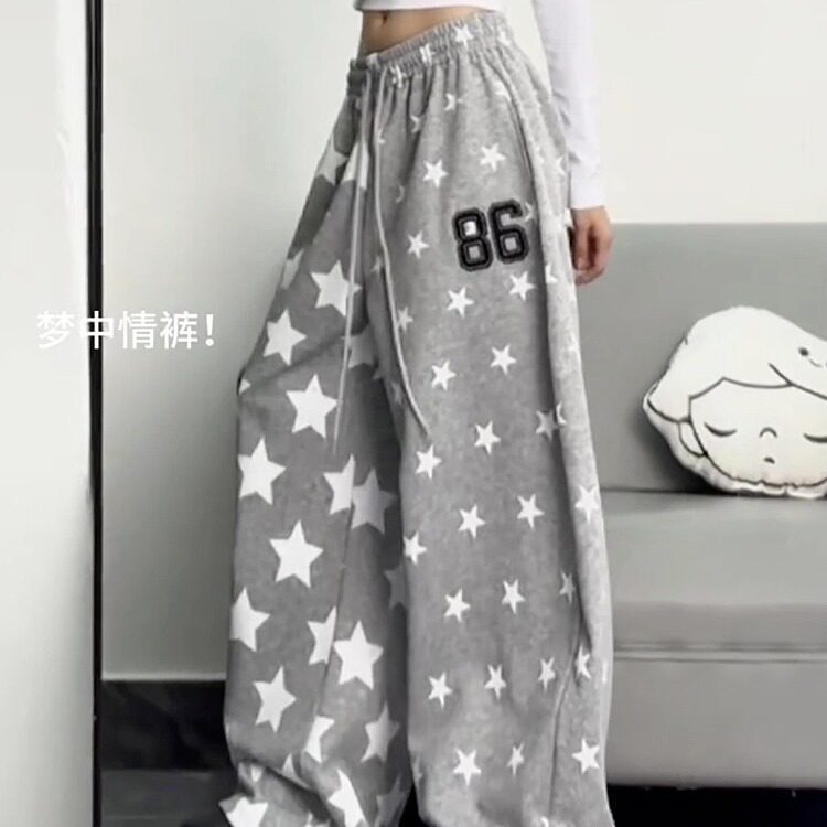 满印星星休闲阔腿裤女2025新款秋季超火宽松慵懒百搭街舞运动裤图片