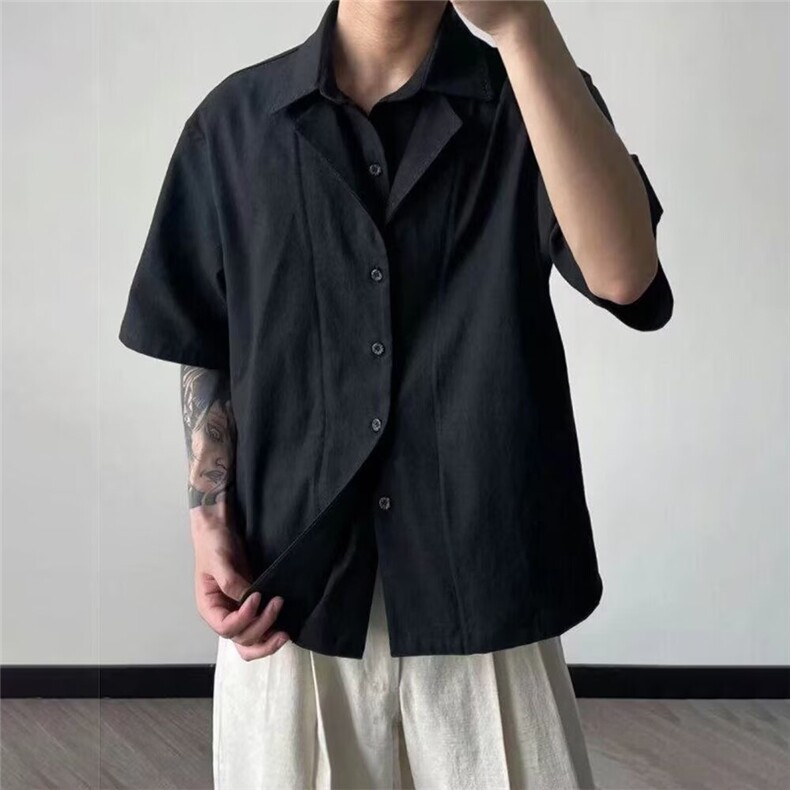 潮流亚麻双领短袖衬衫男女夏季日系新款T225-P47图片