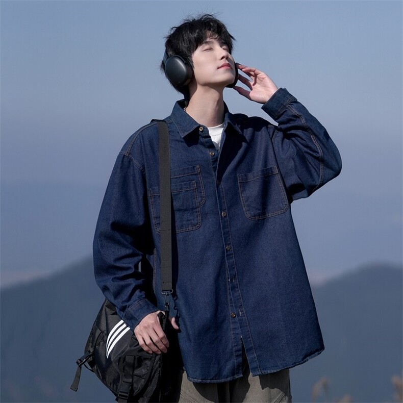 新款(跨境货源）长袖牛仔衬衫男宽松休闲外套图片