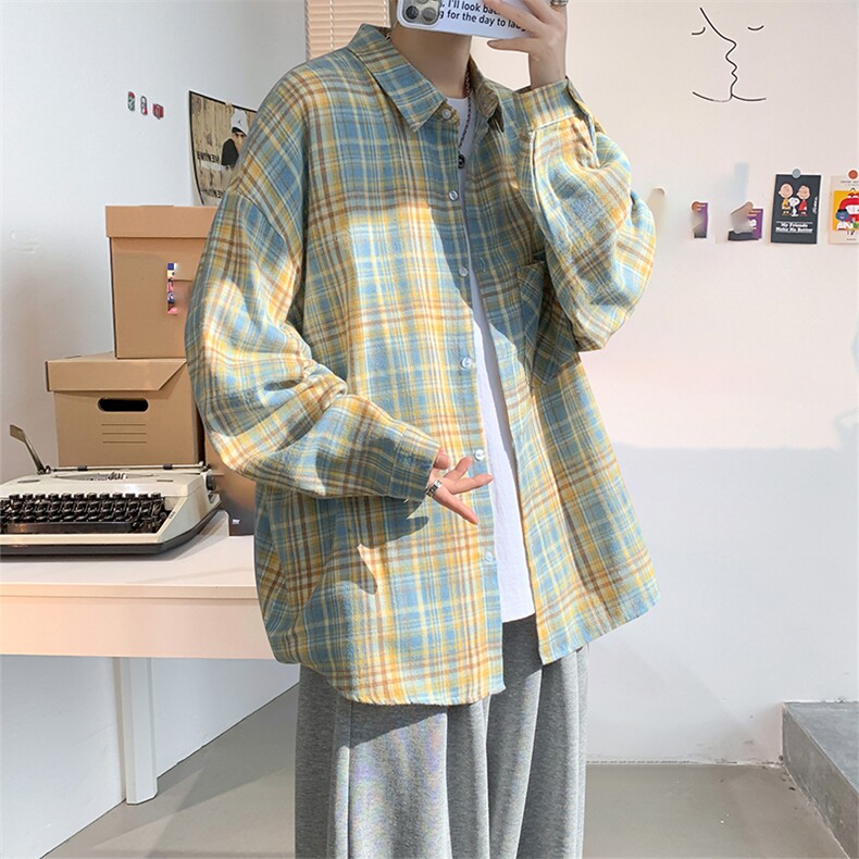 衬衫男秋季新款港风宽松大码磨毛格子长袖衬衣CS601-特P27,男装衬衫,星座214-3