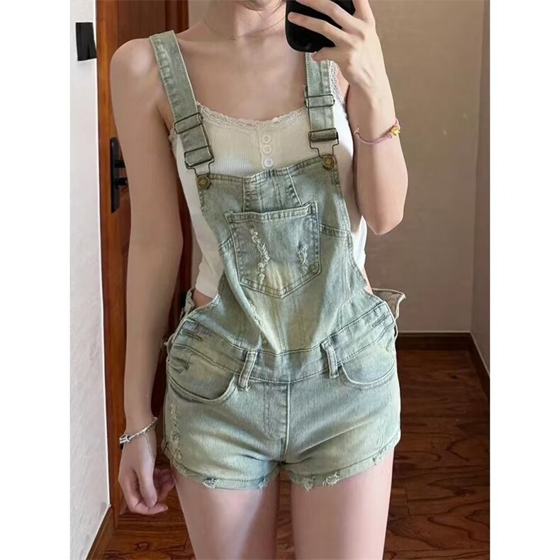 美式复古y2k辣妹水洗牛仔背带短裤女夏季新款设计感破洞连体裤子，男装牛仔裤，星座1210-1