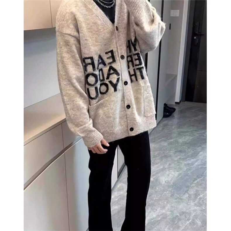 字母提花V领开衫毛衣男女秋季软糯慵懒风针织衫美式外套潮 MRS306图片