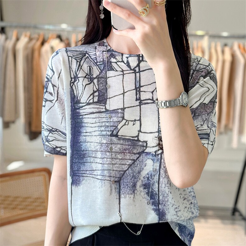 圆领水溶羊毛蚕丝短袖t恤女印花时尚春夏宽松2025打底衫内搭上衣,女装T恤,森墨
