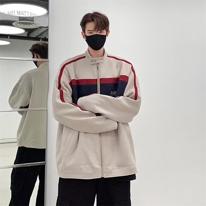 2025新款春秋季美式高街麂皮绒棒球服男潮牌宽松休闲拼接机车夹克,男装夹克,星座506A