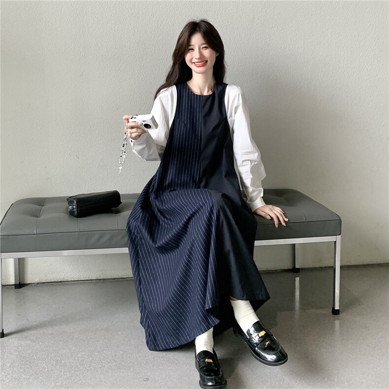 减龄条纹拼接假两件连衣裙女2025春秋季新款韩系宽松显瘦遮肉长裙,女装连衣裙,2C167