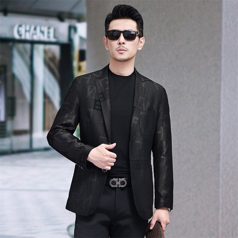 春秋款海宁皮衣男字母印花西服商务休闲男装外套绵羊皮夹克,男装夹克,电商B360