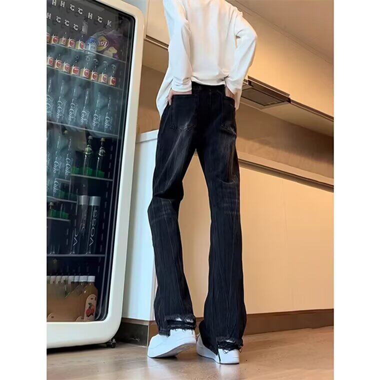 美式高街vibe裤子复古闪电纹牛仔裤男款夏季高级感微喇直筒裤新款,男装牛仔裤,星座506A