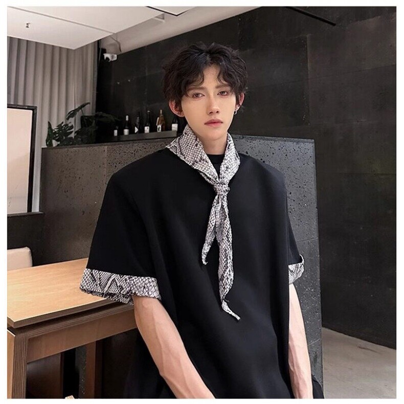 网络图现货美式重磅小众设计蛇纹拼接领巾+垫肩短袖T恤JK26-P45,男装T恤,星座715-7