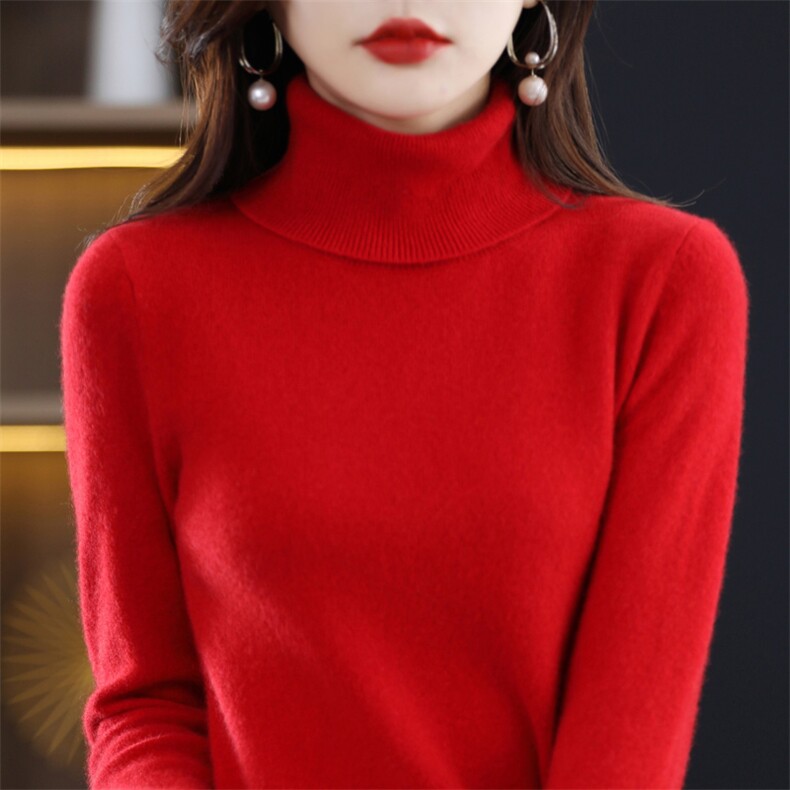 时尚高领女士羊毛衫 纯色柔软舒适 修身显瘦毛衣图片
