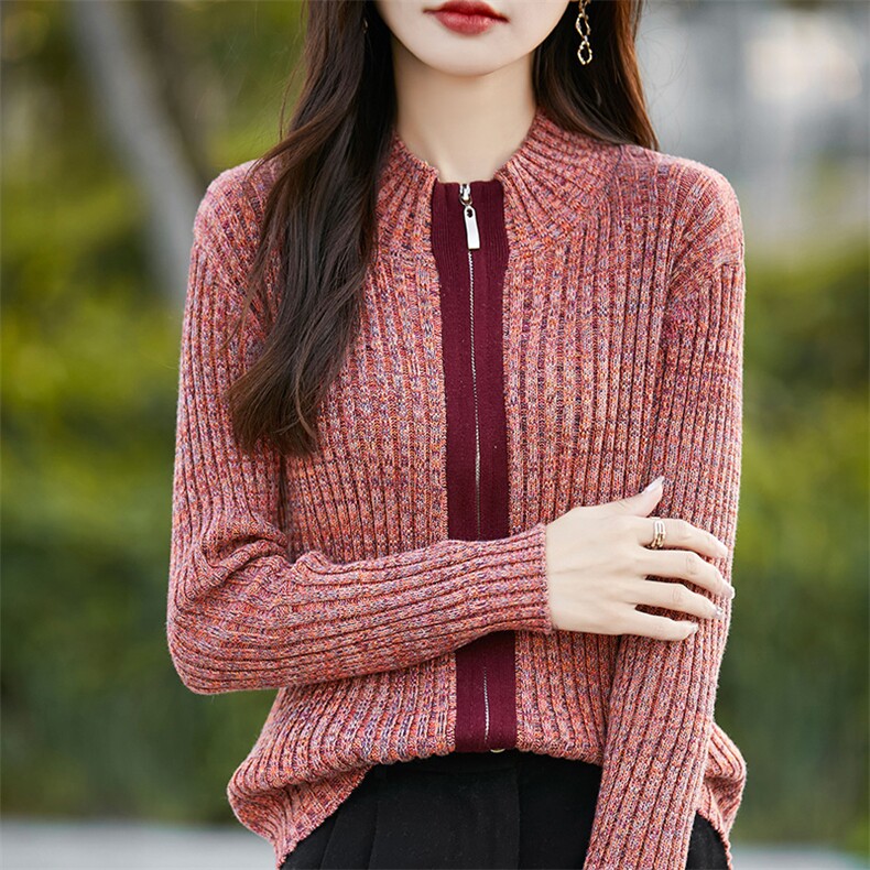 重磅加厚纯棉线针织开衫女新款双拉链长袖外搭修身显瘦打底衫上衣,针织衫/毛衣,佳绒高端店