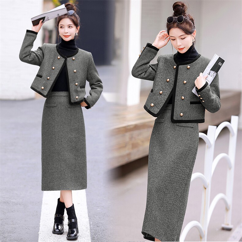 小香风套装2025秋冬新款高级感洋气法式羽绒毛呢冬裙两件套职业装，女装套装/套裙，尚洛菲