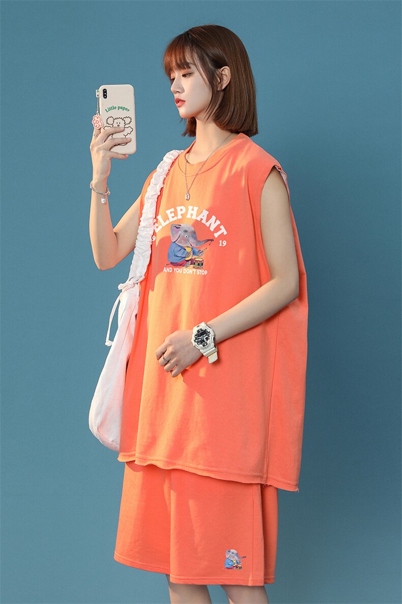 中性夏季时尚简约宽松无袖运动风T恤情侣套装TZ207P50控68,男装休闲套装,A247A