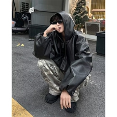 街客美式廓形连帽皮衣外套男冬百搭夹克cleanfit机车服W6223-P75，男装夹克，星座412-3