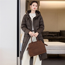 90鸭绒连帽羽绒服女2025冬季新款系带收腰加长款过膝棉袄外套，女装羽绒服，阿舍尔精品