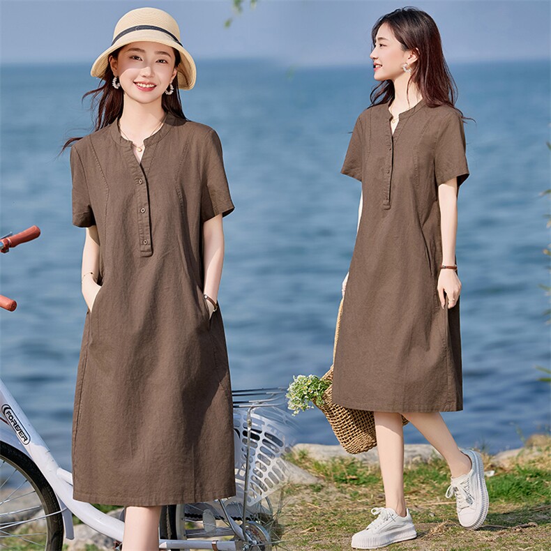 亚麻连衣裙2025夏季新款短袖中长款宽松显瘦大码胖MM妈妈棉麻裙子,女装连衣裙,文熹诺
