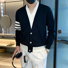 秋冬开衫男英伦复古撞色V领拼接假两件针织衫毛衣外套男M823，男装针织衫/毛衣，星座1116A-2（原606A-1）
