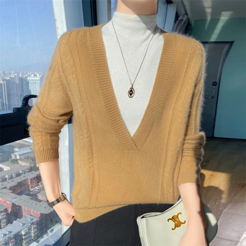 2024秋季新款深V领外穿长袖10%套头衫知性百搭,女装羊绒衫,昭美羊绒