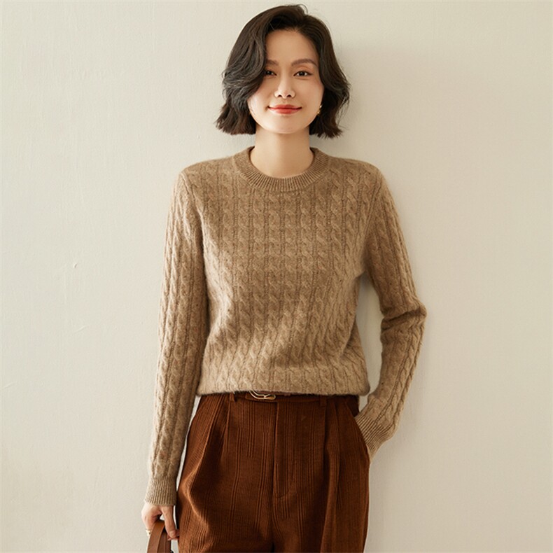加厚彩点纱纯山羊绒衫女圆领毛衣秋冬扭花套头百搭针织打底衫,女装羊绒衫,纳丰羊绒